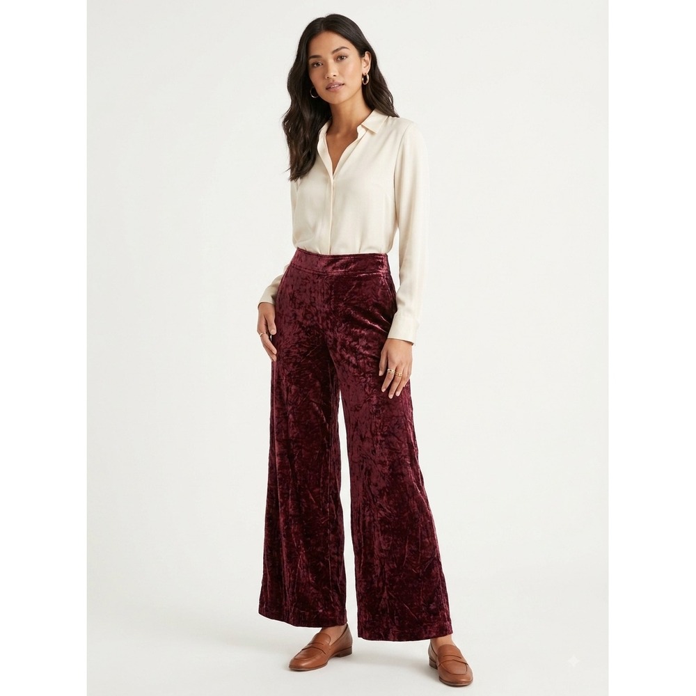 Madewell Pants Womens S Burgundy Crushed Velvet Wide Leg Pull On Relaxed Holiday
